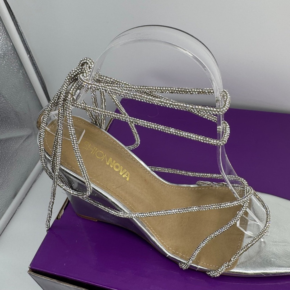 Fashion Nova Twila Silver Metallic Rhinestone Wrap Up Wedge Heels Size 9 - Picture 5 of 12